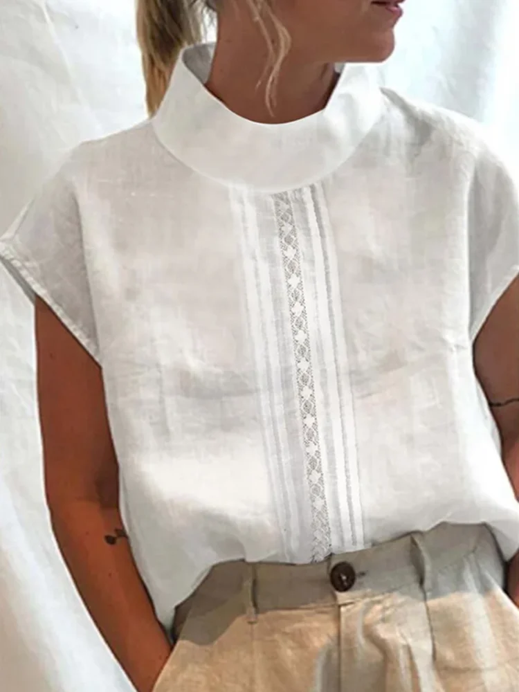 Cotton Linen New Short Sleeve Flower Lace Patchwork Women Shirts Elegant Solid White Casual Work Wear Blouses Tops