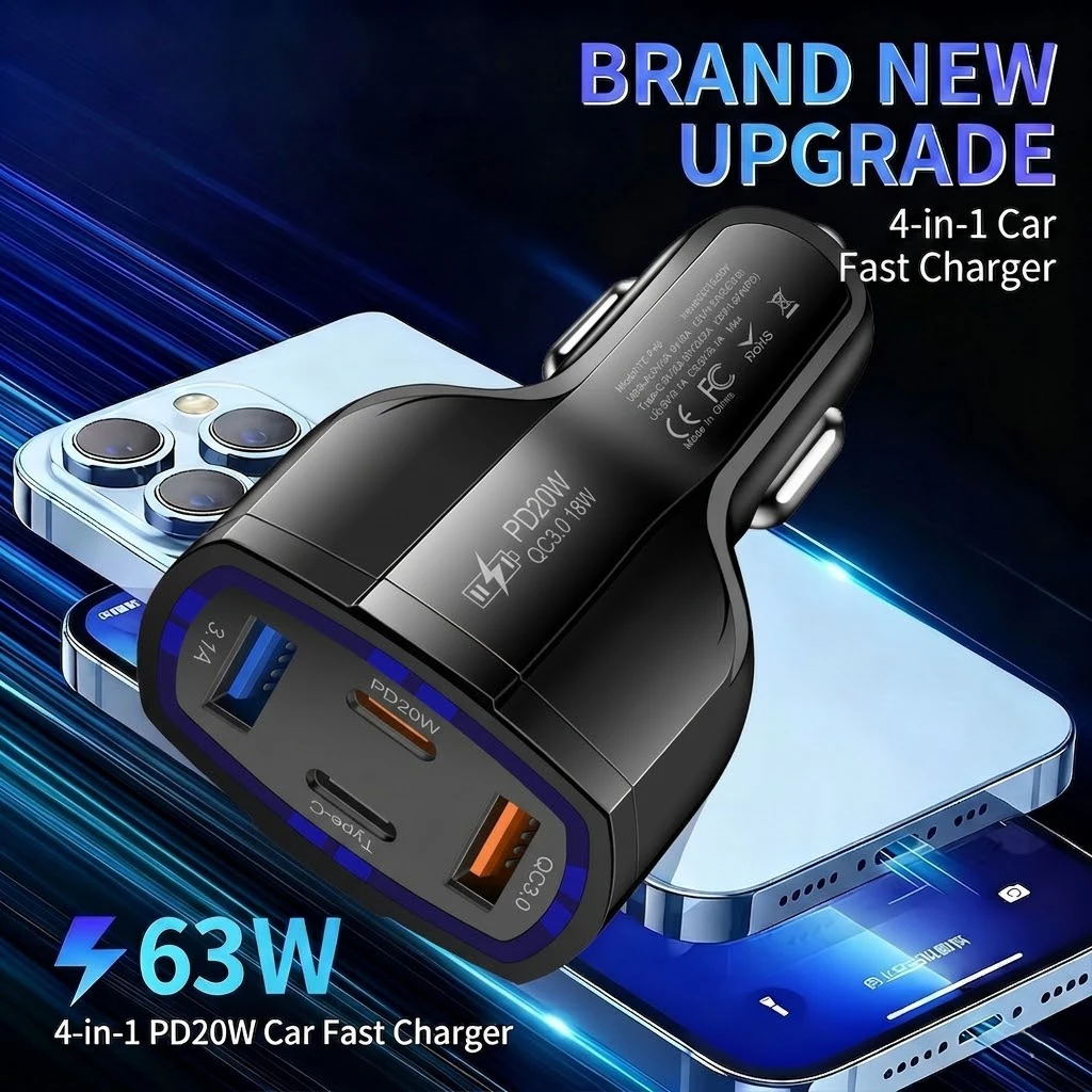 Multi Port 63W Car Charger Fast Charging Adapter With Dual PD 20W Type C and QC 3.0 USB A Ports For Smart Phones & Tablets view 2