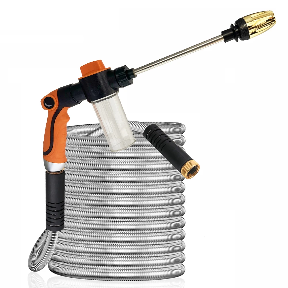 Metal Garden Hose 25 ft, Rust Proof Stainless Steel Water Hose, Heavy Duty Backyard Hose with Nozzle, No-Kink & Flexible Water