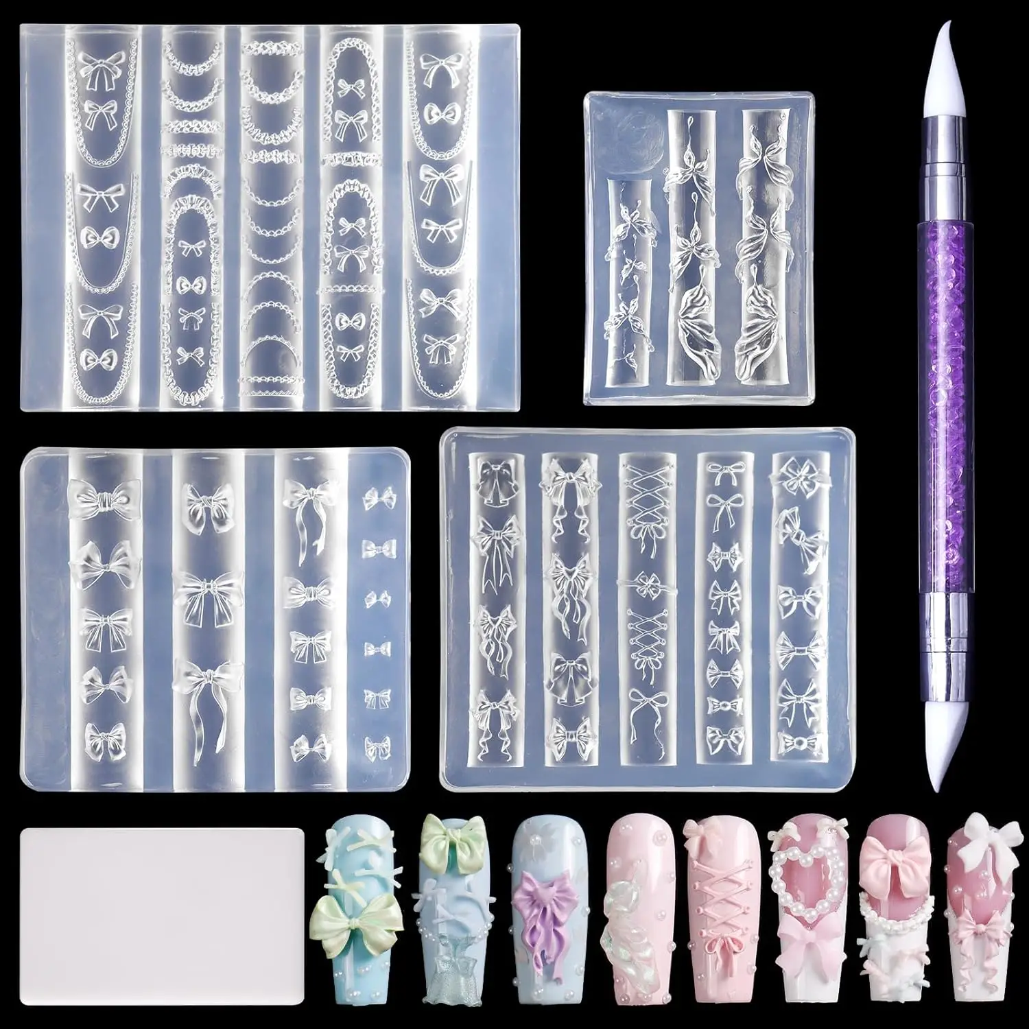

Silicone Nail Art Molds, 4pcs Bowknot 3D Silicone Molds with Carving Pen for DIY Manicure Design