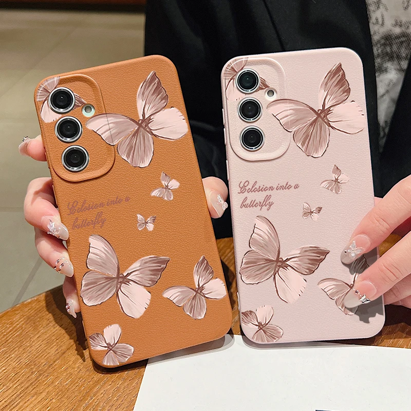 حافظة لهاتف سامسونج جالاكسي S25 S24 S23 Ultra S24 S25 FE S22 S21 Plus غطاء خلفي بنمط الفراشة الوردية