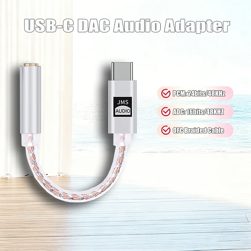 JCALLY JMS USB C DAC Audio Adapter HiFi Lossless Sound Type-C to 3.5mm Headphone Jack Converter PCM 24bits/48KHz For Phone