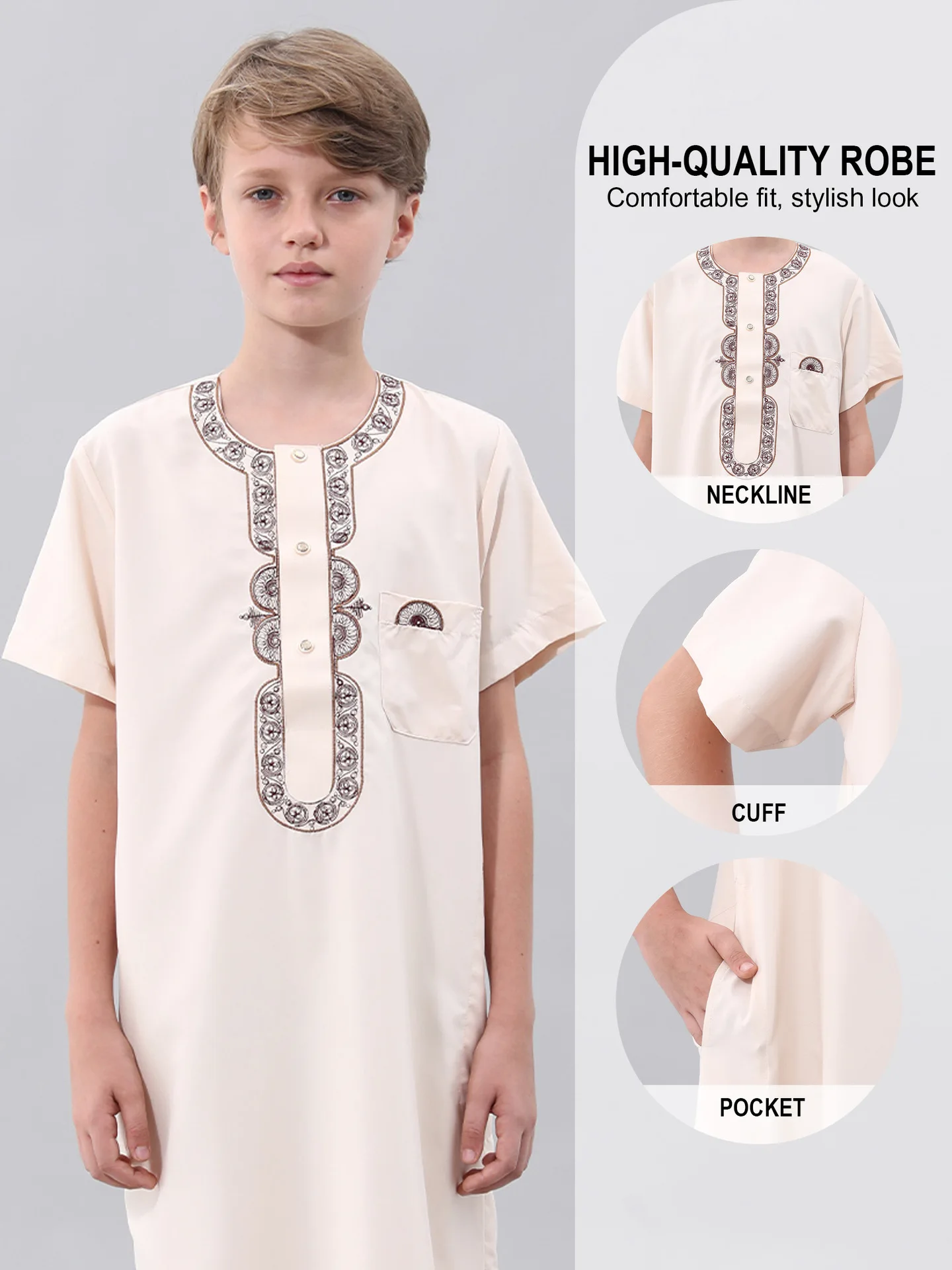 

Boys Islamic Jubba Short Sleeve Round Neck Embroidery Pocket Soft Fabric Kids Muslim Thobe Robe For Daily Prayer Eid Occasions