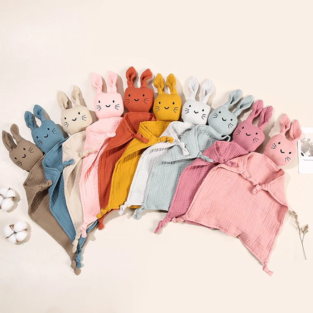 1pc Baby Cotton Cartoon Rabbit Muslin Comforter, Newborn Baby Sleeping Dolls Blankets Infant Squale Burp Clothes Bibs