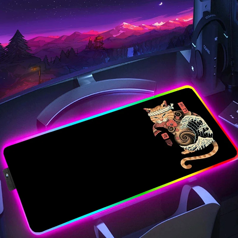 RVB Polymer Rubber Mouse Mouse Carpet, Japanese Chat HD Printing, Large Anti -slip Mouse Carpet, LED keyboard mat
