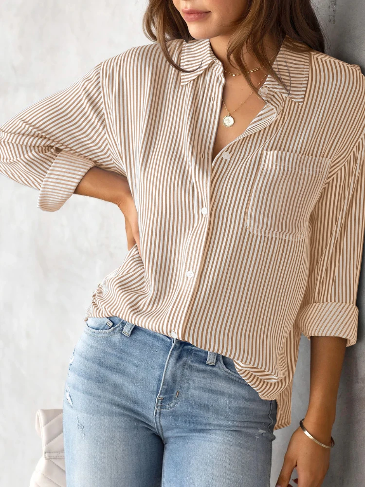 2024 Autumn Fashion New Striped Women\'s Professional Style Shirt Casual Single Breasted Long Sleeved Loose Pocket Women\'s Shirt