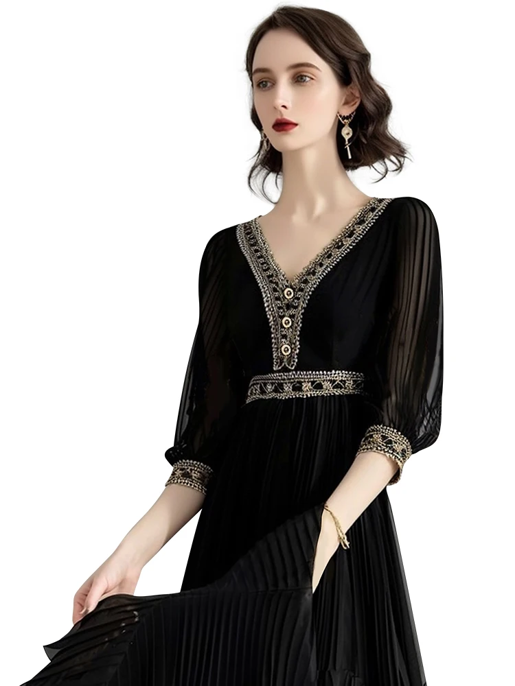 2024 Summer Elegant Vintage Black Embroidered Chiffon Dress Women\'s High Waist A-line V-neck Short Sleeve Party Cocktail Dresses