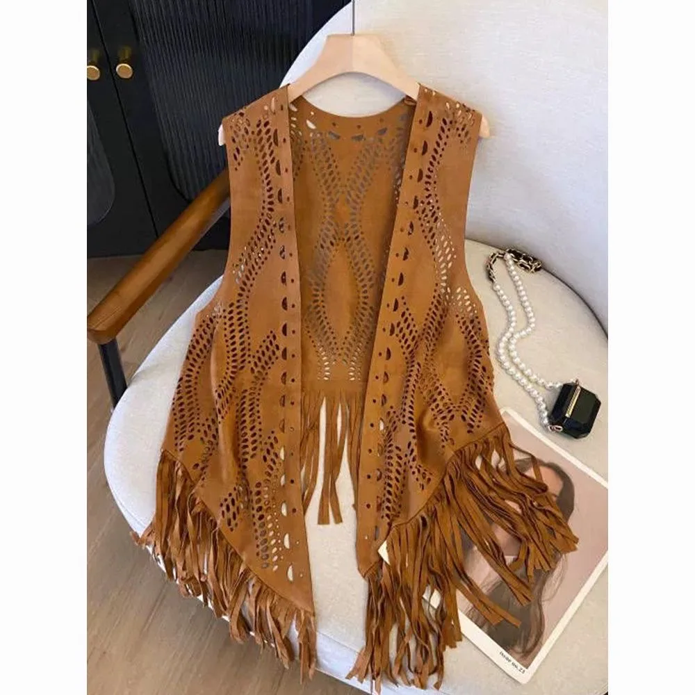 Retro Tassel Trim Open Cardigan Vest Women's Fashion Outerwear Spring Autumn New Style Nationality Ethnicity Polka Dot Pattern
