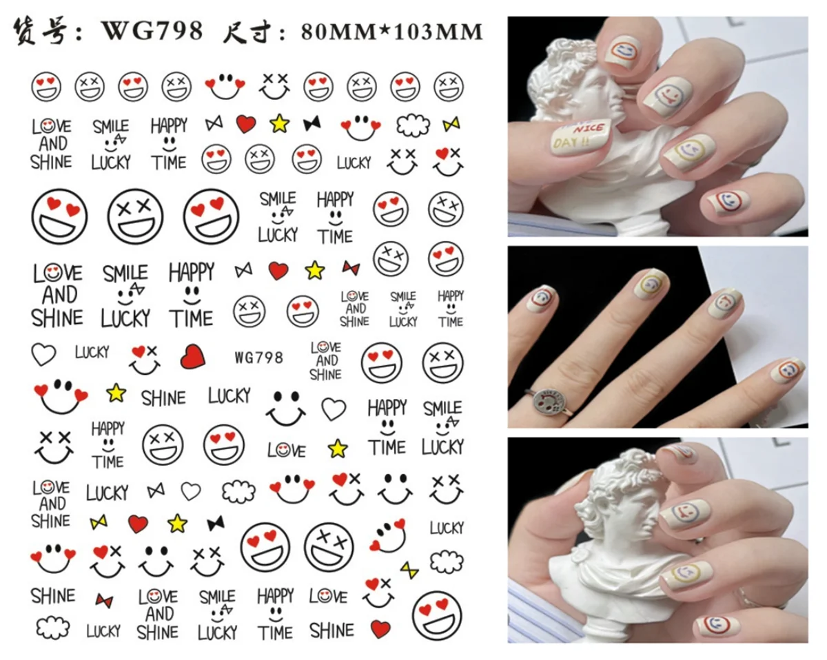 3D Smile Face Nail Sticker Art Decoration Smiling Nails Decal Stickers for Manicure Cute Design Foil Emojied Yellow Black Laser