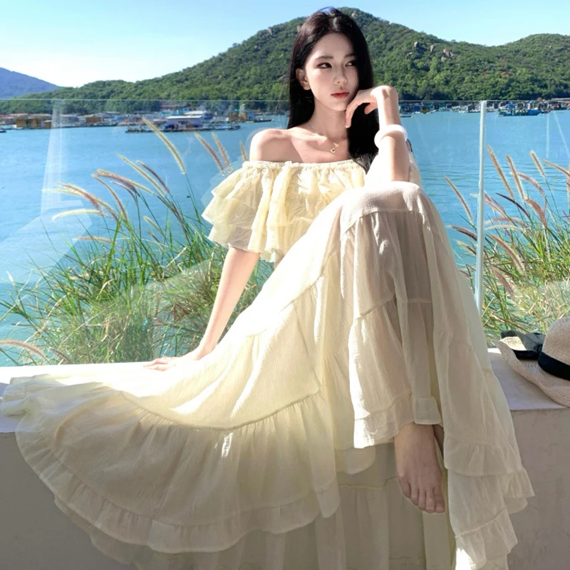 Summer Party Elegant Women Holiday Beach Skirt Suit Sexy Slash Neck Ruffles Crop Tops And High Waist Long Skirts Two Piece Sets