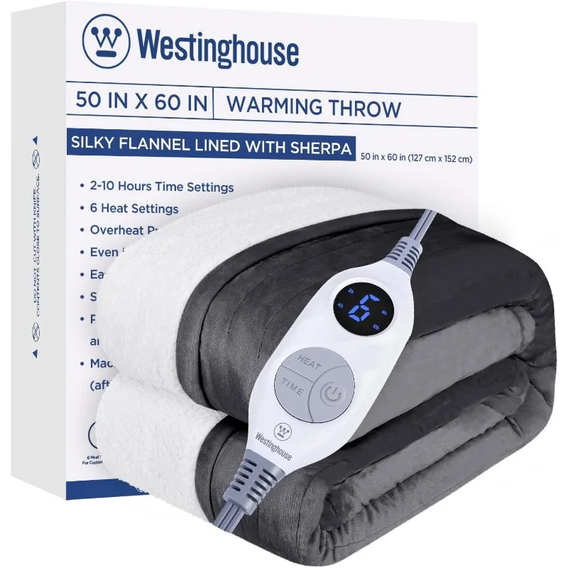 

Westinghouse Heated Throw Blanket, Electric Blanket Throw with 6 Heating Levels and 2-10 Hours Time Settings