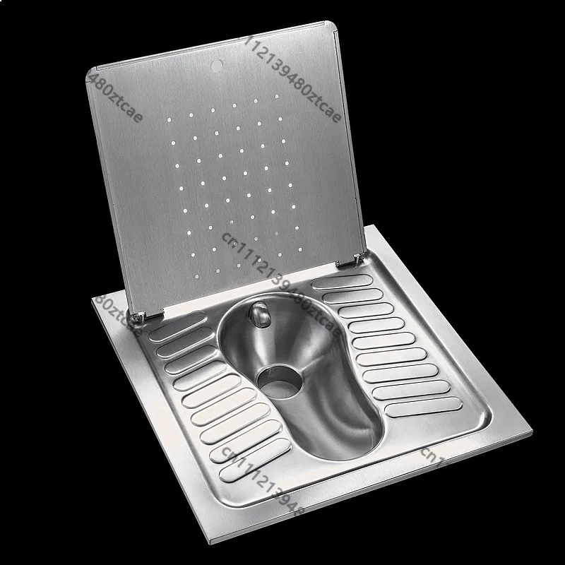 Western Style Stainless Steel Flush Squat Toilet with Cover, Anti-Slip Odor-Proof Squat Pan for Bathroom Hotel Engineering Use