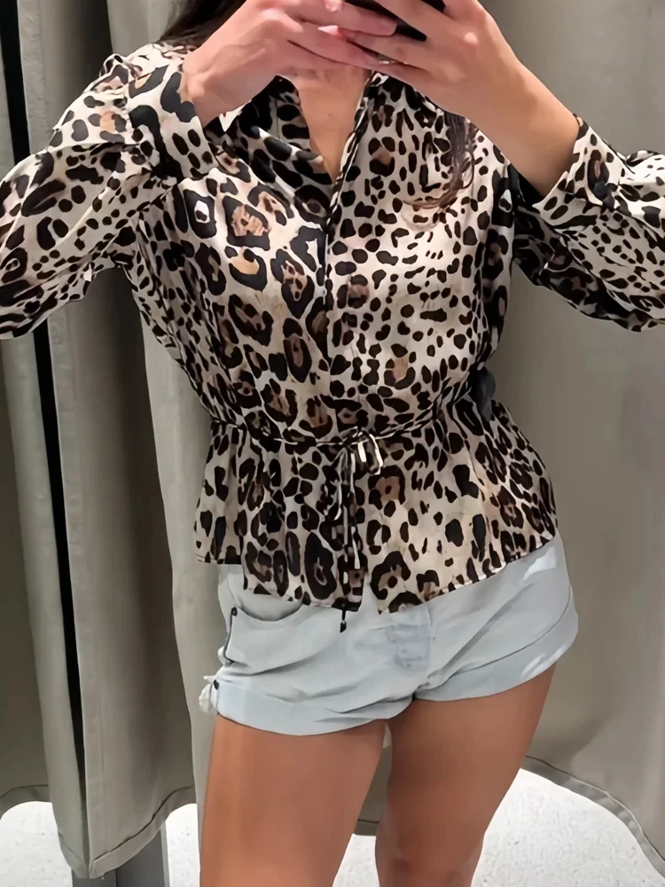 PB&ZA Women's 2024 Summer New Style Fashionable Elegant Versatile Lapel Long Sleeve Animal Print Shirt 2824/267