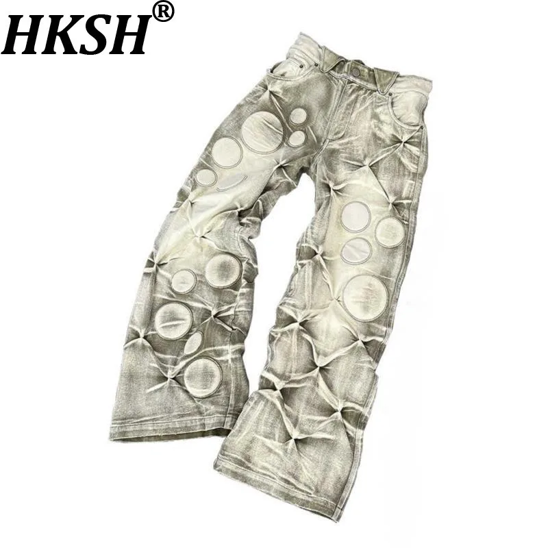 

HKSH весенне-осенние новые мужские брюки с мягкой подкладкой в стиле панк, тяжелые потертые винтажные повседневные шикарные брюки с вышивкой в стиле панк Techwear HK113