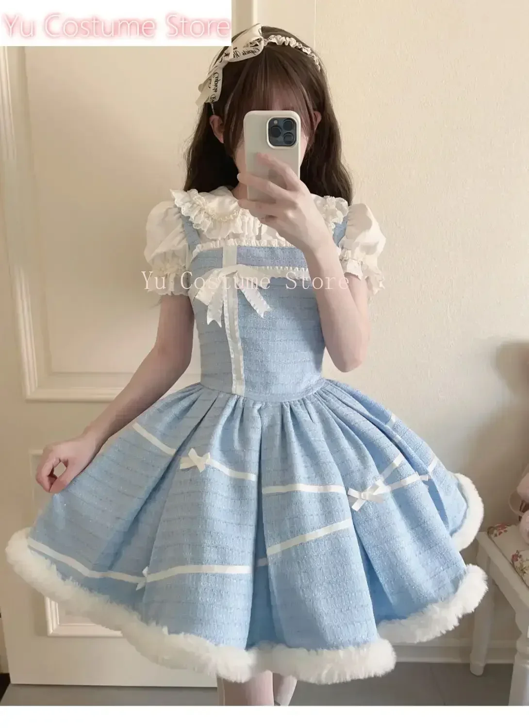 

Coalfell Autumn Winter Lolita Blue Cute Temperament Dress Set Elegant Vestidos Plush Coat Sweet JSK Dresses New 2-piece Set 2025