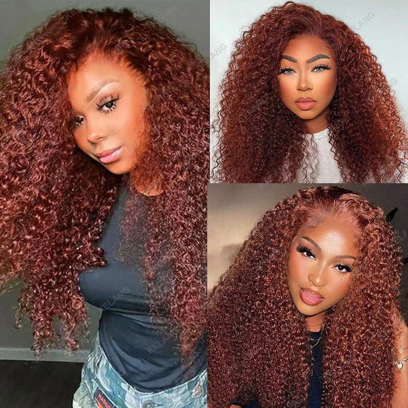 

13x6 Reddish Brown Kinky Curly 13x4 Lace Front Human Hair Wigs For Women 250% #33 Colored HD Transparent Deep Wave Frontal Wigs