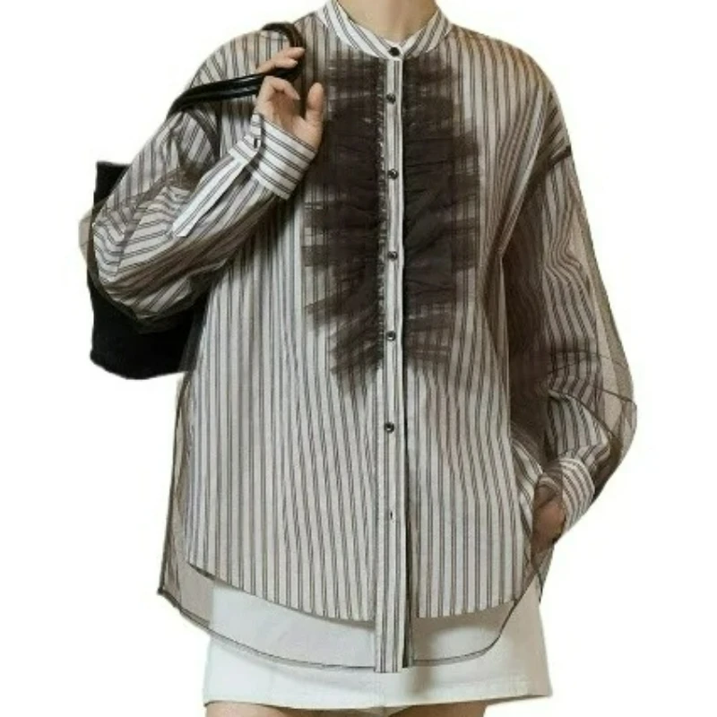 Retro Striped Mesh Splicing Shirt Women's Age-reducing Temperament Versatile Design Sense Thin Top Casual Lazy Spring Exquisite