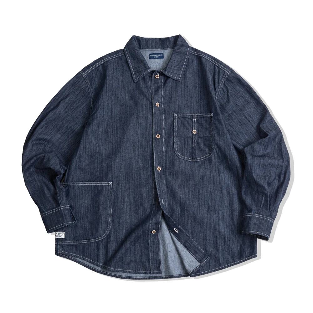 Madden American retro washed denim shirt with large pockets and exposed stitching loose long-sleeved shirt for men