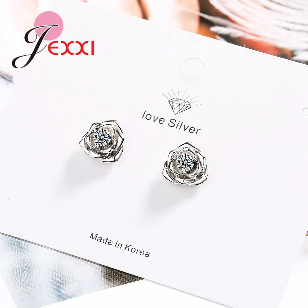 New Fashion Flower Appearance Shiny Crystal Stud Earrings 925 Sterling Silver Color Jewelry For Woman Girls Elegant Gift