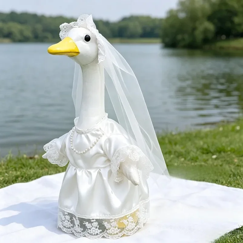 

Funny Wedding Season Porch Goose Costume Tulle Gown with Flower Crown for 23 Inch Statue Outdoor Yard Holiday Display
