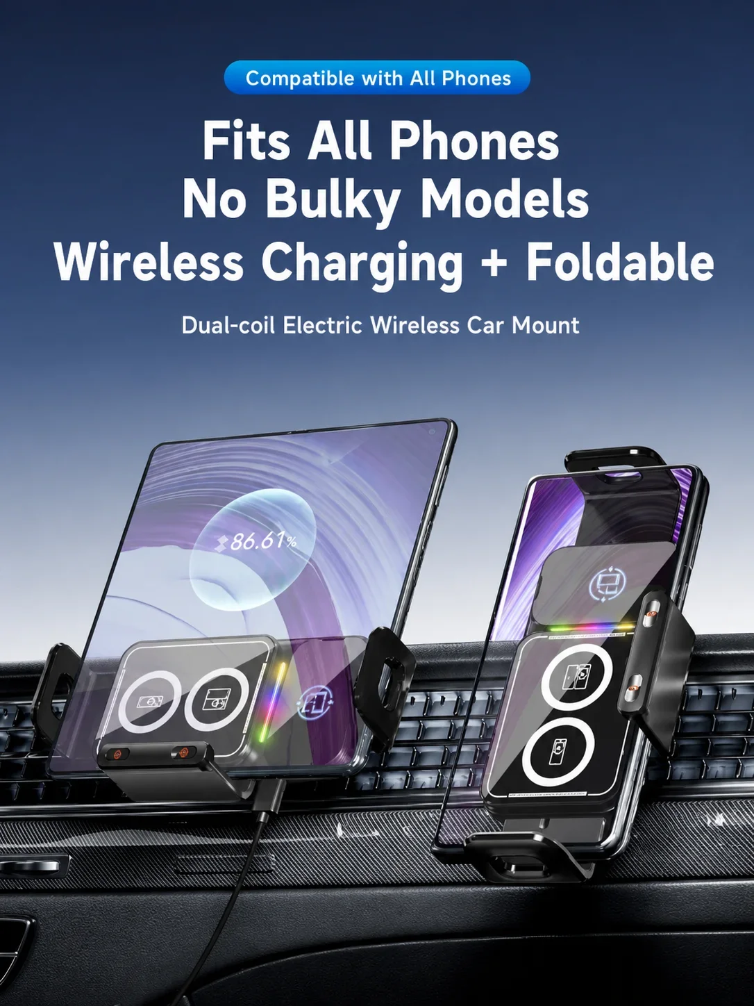 15W Kabelloses Ladegerät Universeller Auto-Handyhalter 360° ° Drehbare Halterung für Samsung Galaxy Fold 7 6 5 4 Z Flip S25 S24 iPhone 17 16 – Detail 1