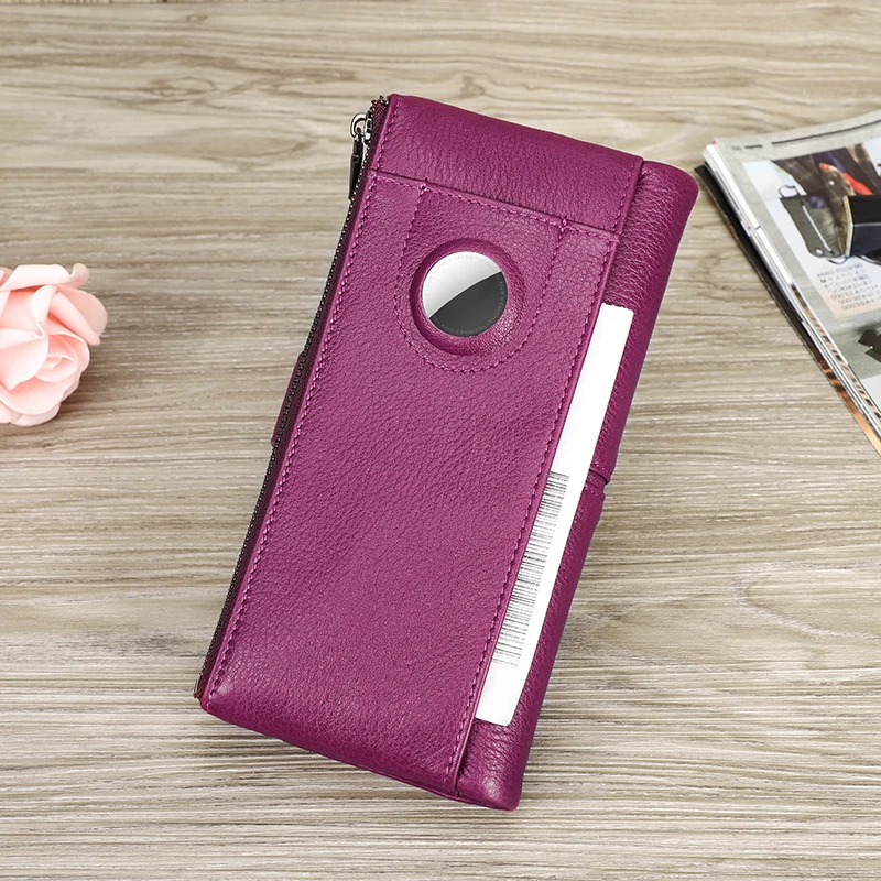 CONTACT\'S Genuine Leather Long Wallets for Women Full Grain Leather AirTag Purse Card Holder Money Clip Coin Purse Clutch Wallet