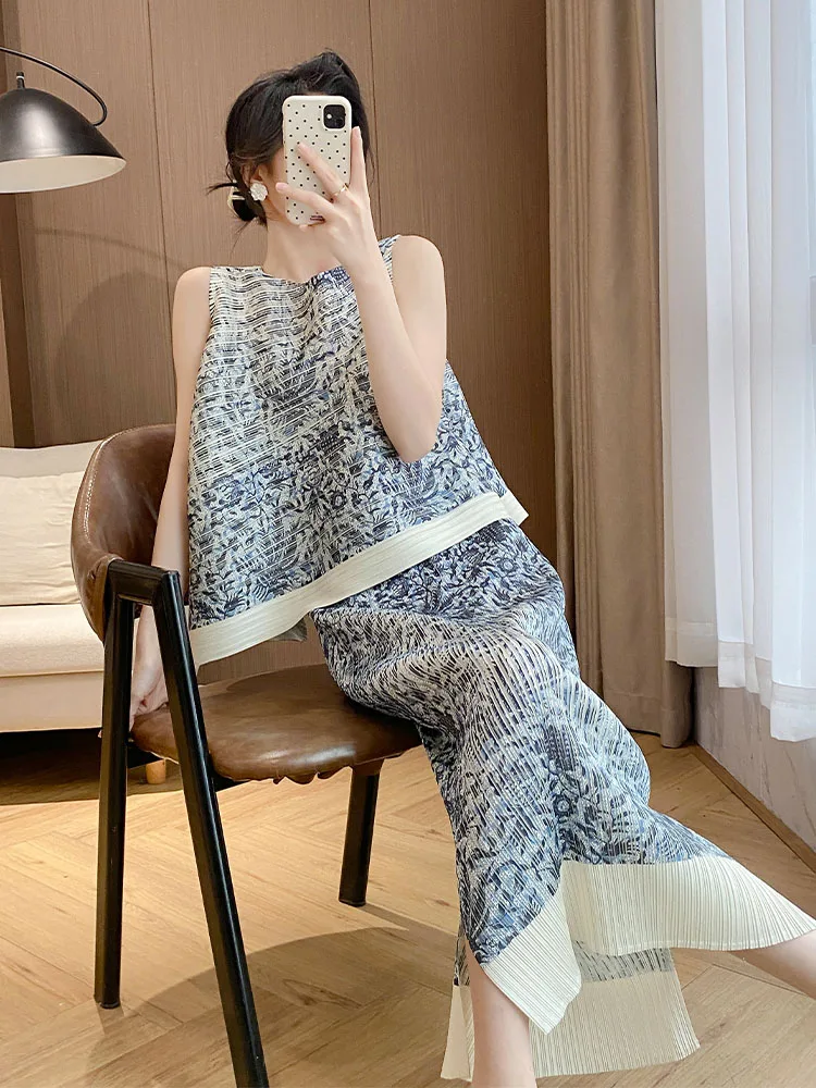 

High Waist Pleated Vintage Sleeveless Top And Skirt Set Women's Fashionable Summer Outfit Three Zha Art Creation Brand