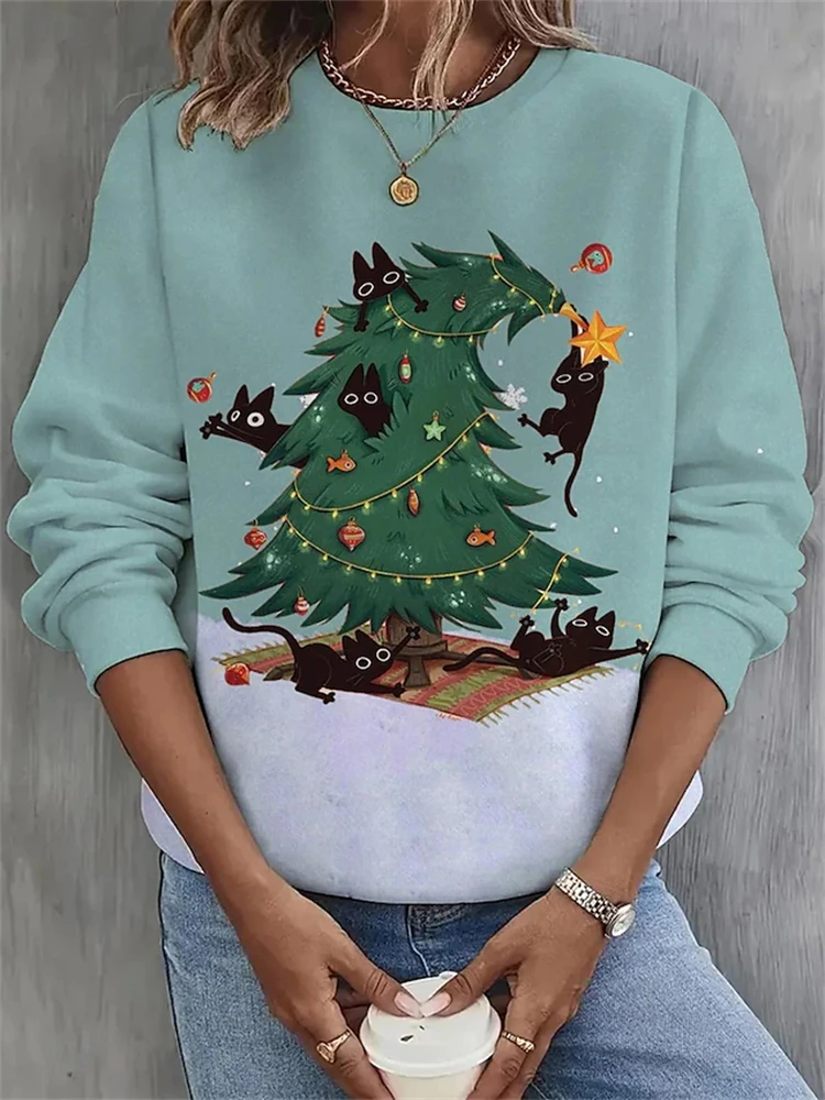 New Christmas Pullover Women's Christmas Tree Pattern Cat Printed Long Sleeve New Year Sweatshirt Fashion Street Casual Clothing