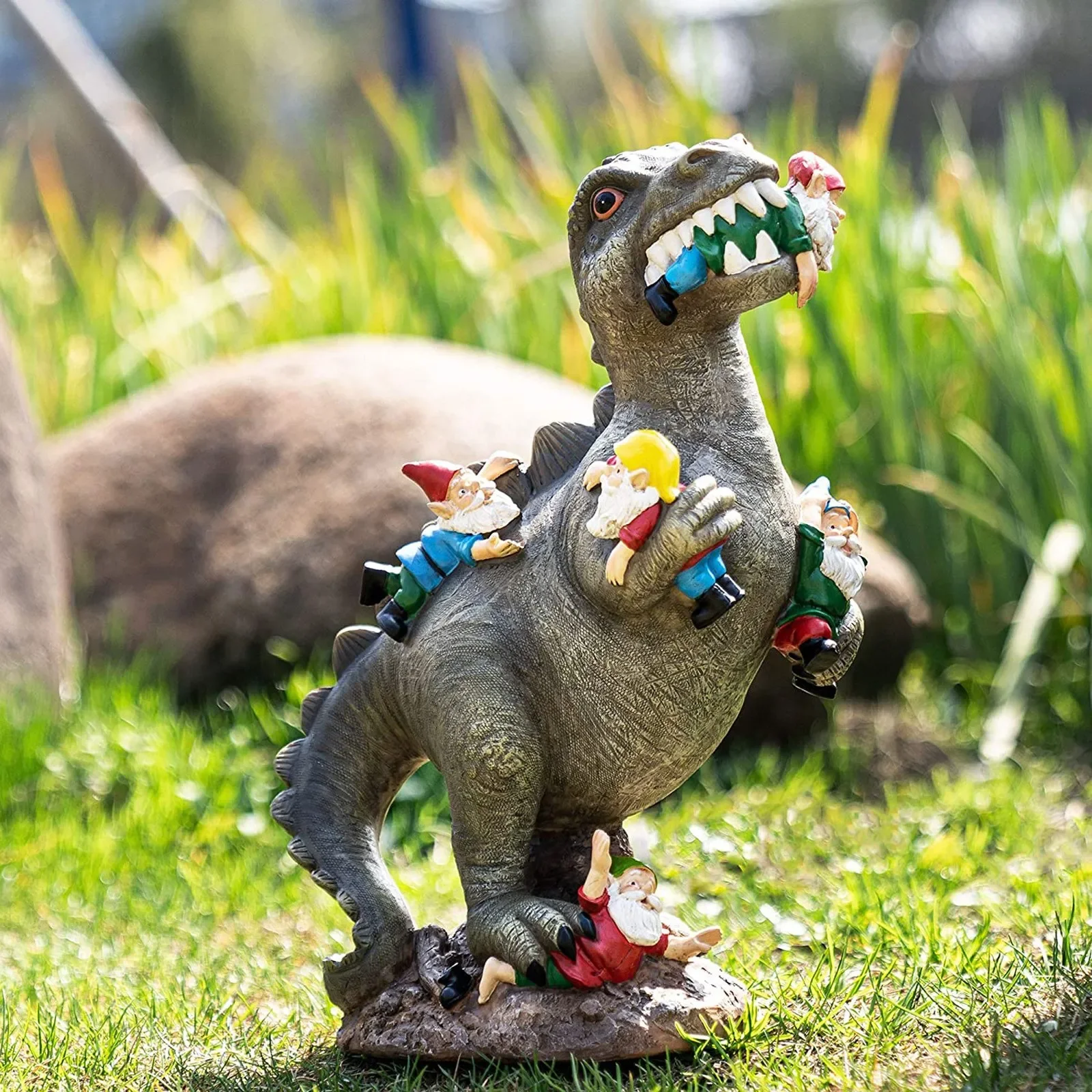 

Mischievous Dinosaur Garden Eating Gnome Statue Resin Figurine Best Art Decor for Outdoor Home Waterproof Home Accessories