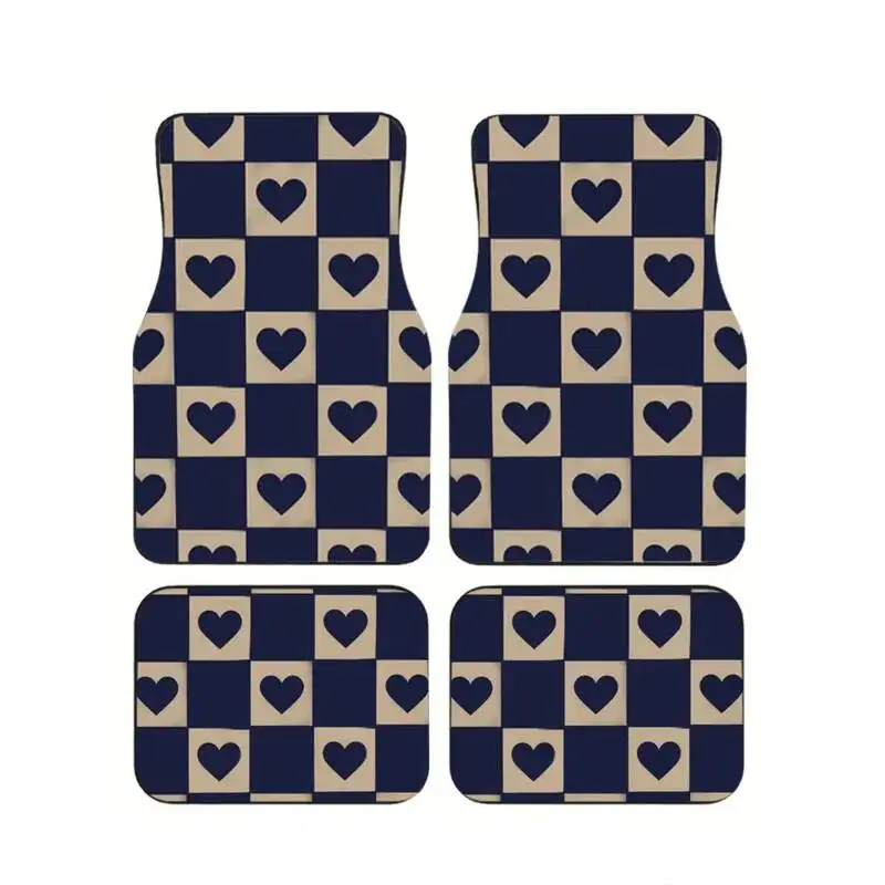 

4Pcs Navy Beige Checkered Heart Car Floor Mats Cute Pattern Print Non-Slip Durable Carpet Auto Interior Accessorie For Sedan SUV