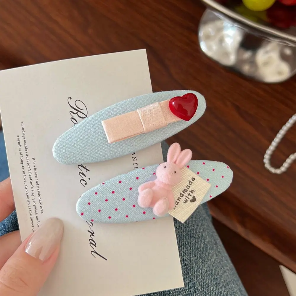 2PCS Set Polka Dot Pattern Bunny Hair Clip Heart Decor Blue Color Side Bangs Clip Fabric Material Pink Rabbit Decor