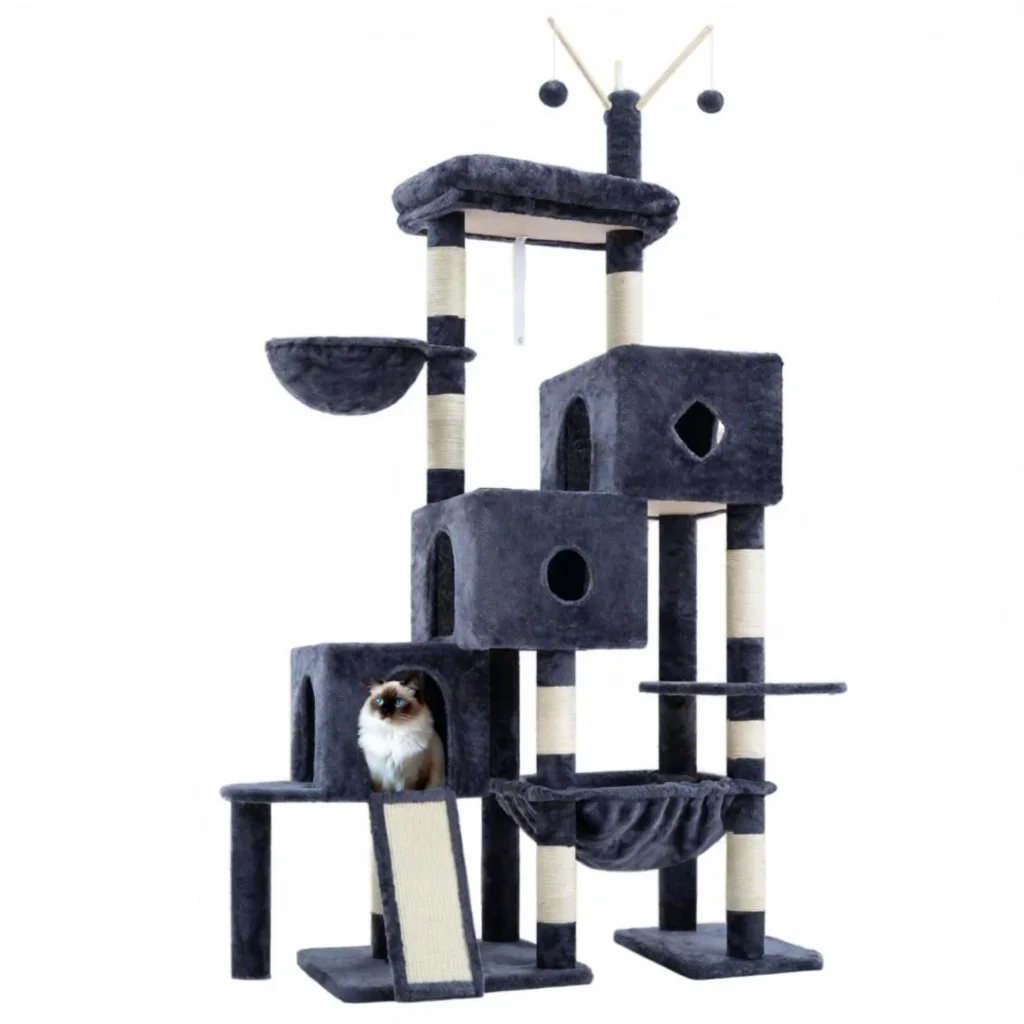 

Modern Eco-friendly Cat Tree Tower 3 Condos Engineered Wood Solid Smoky Gray 74.8" Indoor Furniture for Cats