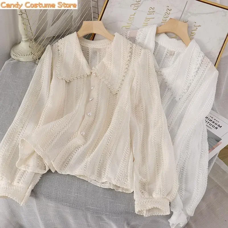 

Hollow Out Shirts Women Peter Pan Collar Fashion Tender Sweet Solid Young French Style Elegant Ins New Arrival Chic