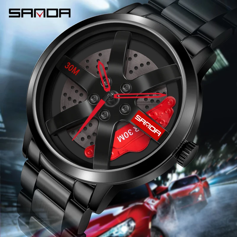 SANDA P1075 Hot Sell Stainless steel Men\'s Watches Waterproof Sport Watch Racing Car Rim Wheel Rotating Dial male Clock Relogio