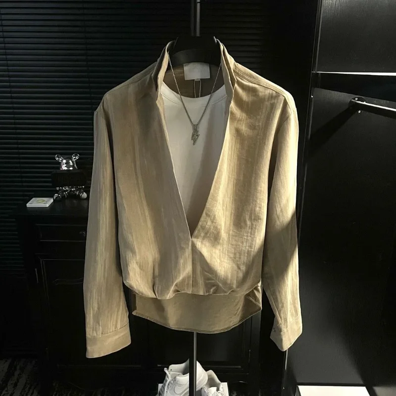 

Men's Autumn New Loose Long Sleeve Shirt Solid Color Fake Two-Piece Fashion Versatile High-End Casual Dress Shirt