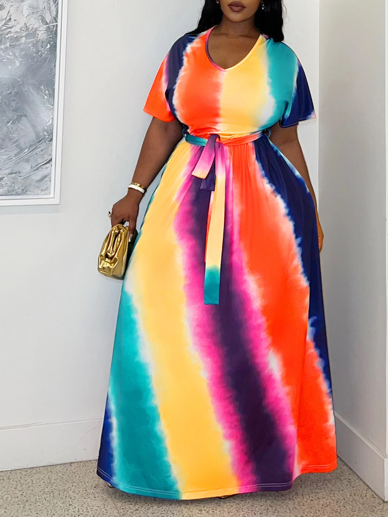 LW Plus Size Tie Dye Belt Design Dress Summer Vacation Style Color Contrast A-line Dress Short Sleeve V Neck Floor Length Dress