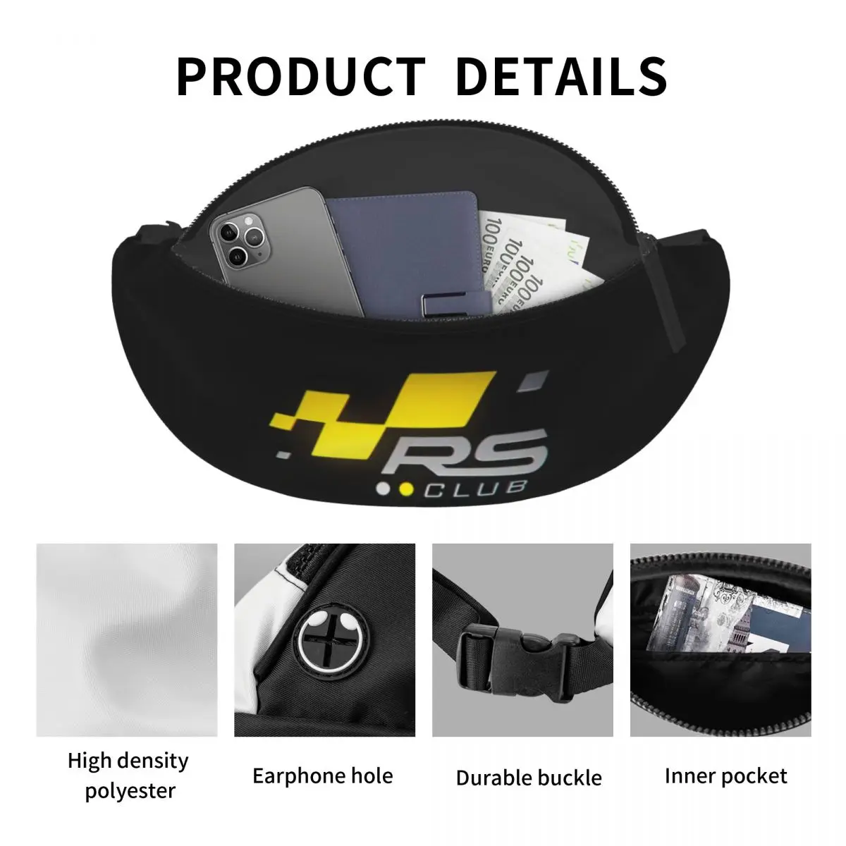 Custom RS Club-Sport Fanny Pack para homens e mulheres, legal, crossbody, saco de cintura para acampar, ciclismo, telefone, bolsa de dinheiro, corrida