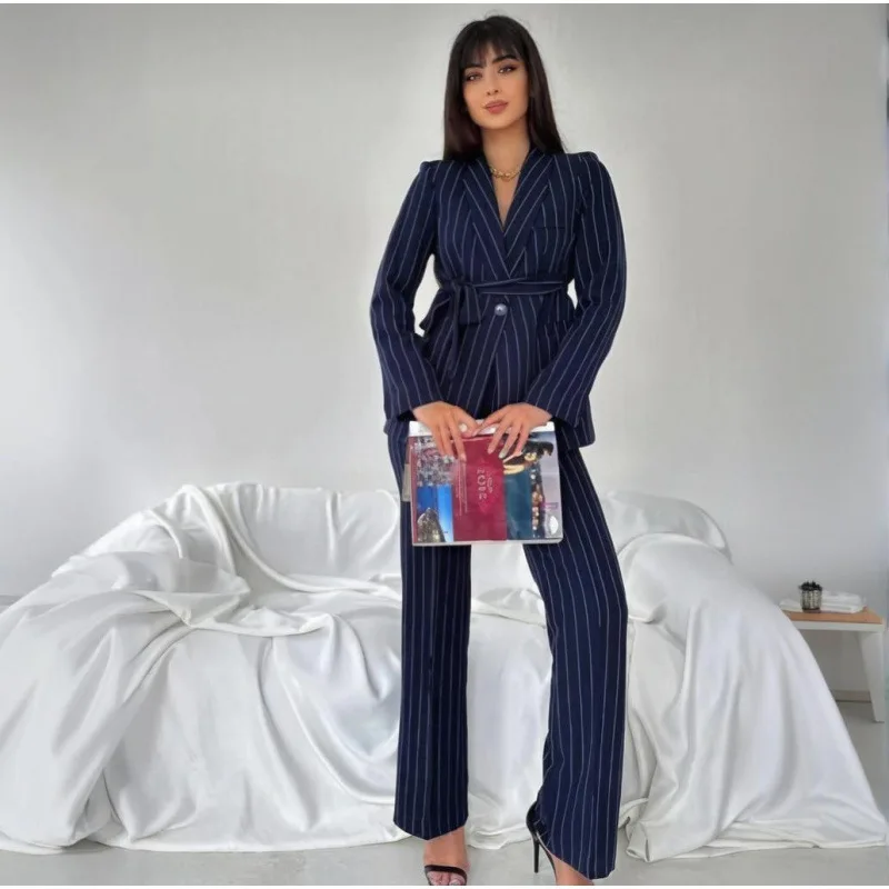 Roupas femininas europeias e americanas 2025 outono nova moda transfronteiriça jaqueta de renda calças soltas conjunto profissional