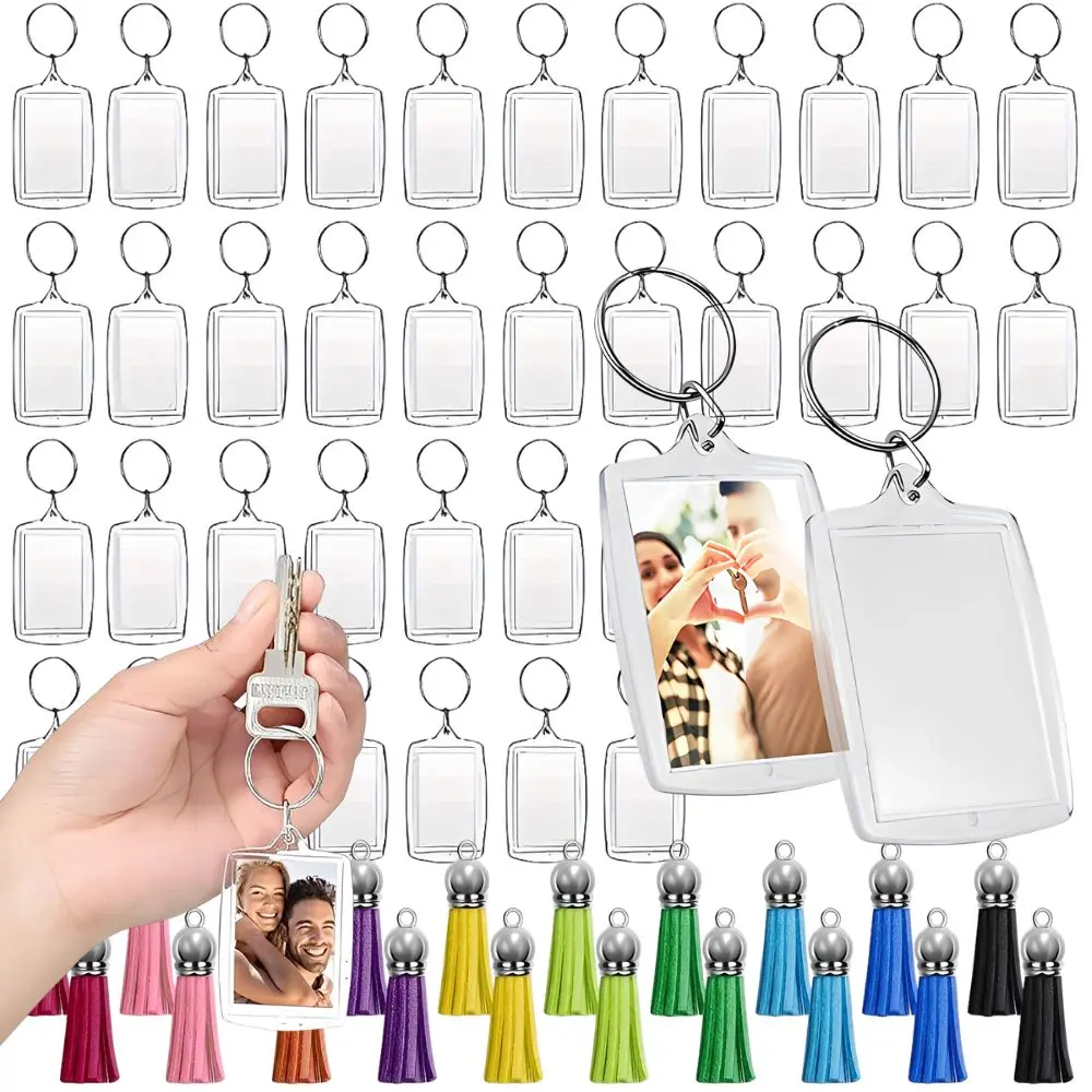 60pcs Transparent Plastic Photo Insert Keychains with Random Color Tassels for Bag Keys Decoration YMY