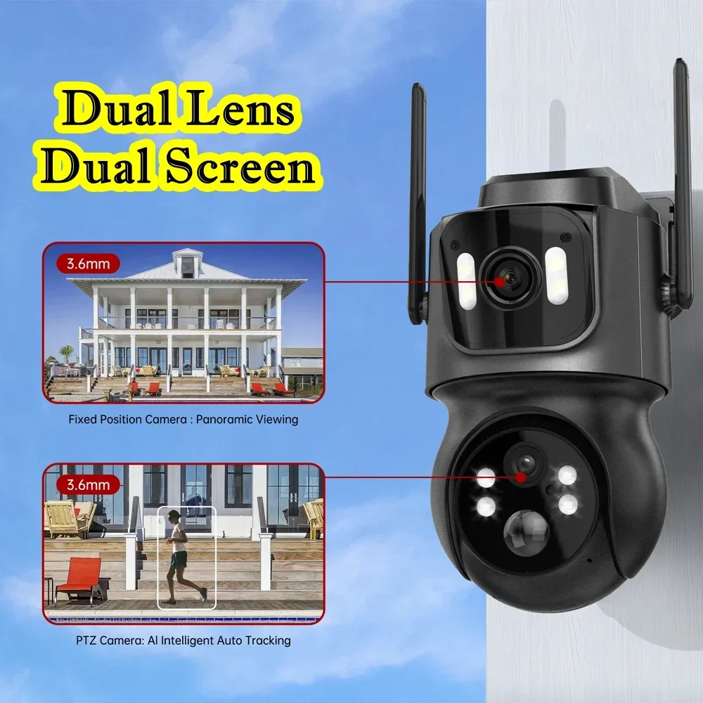 2-Lens 2-Screen 4K Wifi Solar Camera Outdoor Video Surveillance Security Wireless Camera With 7800mAh battery Amazon Alexa