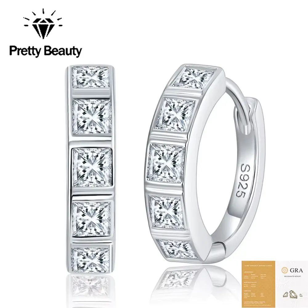 Pretty Beauty Moissanite 14mm Huggie Hoop Earrings for Women S925 Silver Princess Cut Diamond Small Hoops Hypoallergenic Jewelry