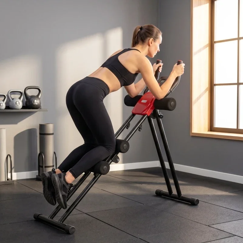 Roue de musculation abdominale pliable avec écran LCD, double rail de stabilité, capacité de charge de 120 kg, construction en acier, équipement de fitness pour renforcer le tronc, couleur rouge.