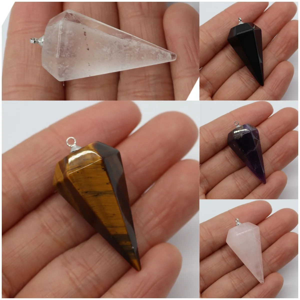 

Natural Stone Healing Crystal Pendant Pendulum Shape Amethyst Tiger Eye Stone Agate Reiki Charm for DIY Jewelry Accessories Gift