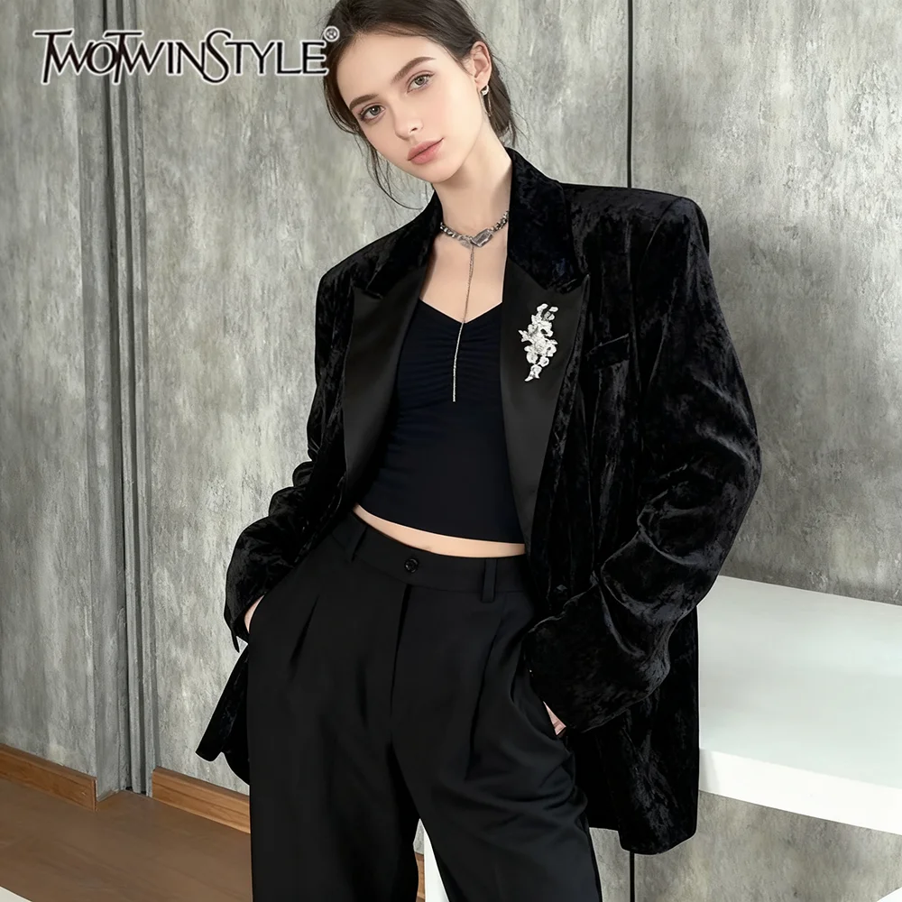 TWOTWINSTYLE Solid Loose Spliced Sequined Velvet Blazers for Women Lapel Long Sleeves Vintage Blazer Female Fashion Clothing New