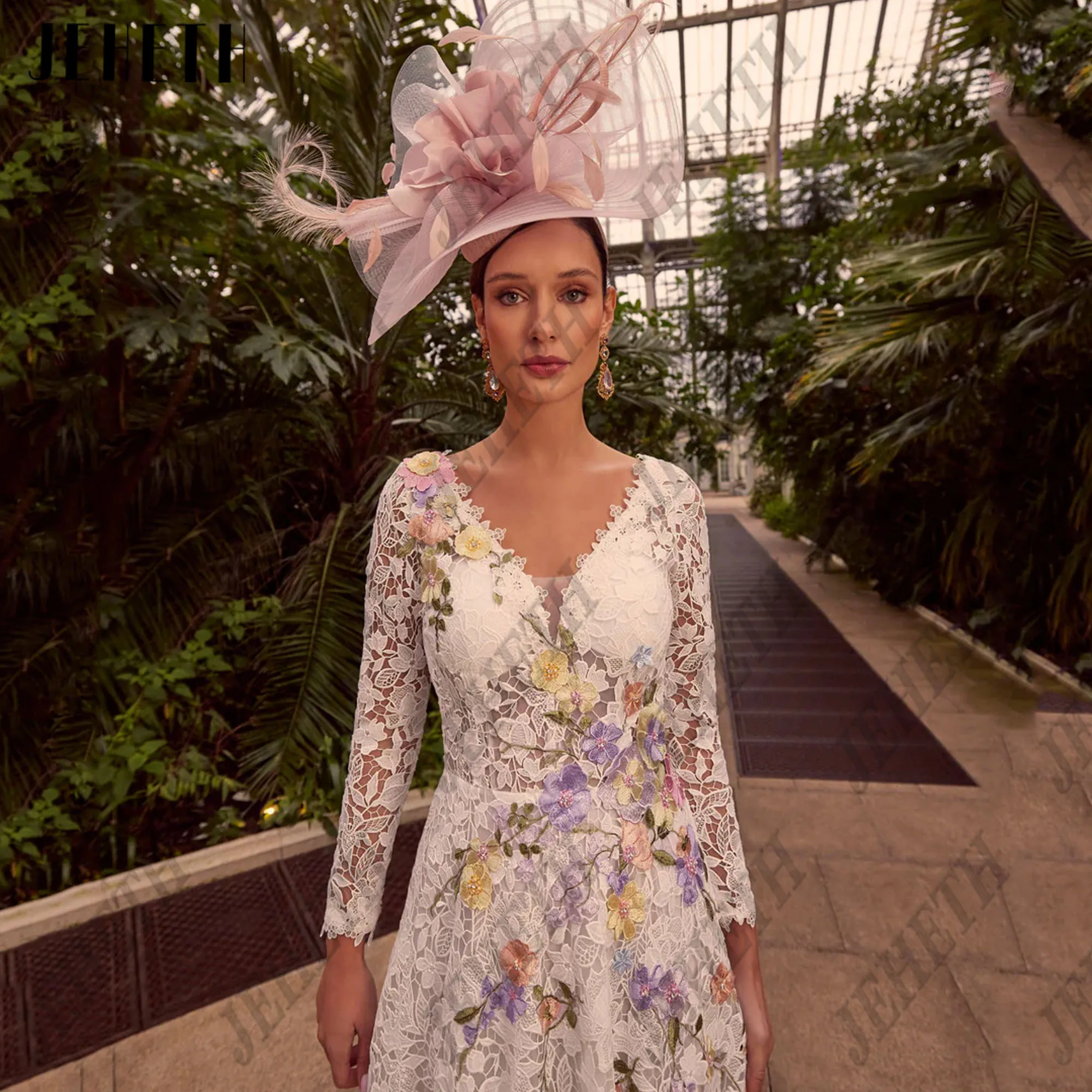 JEHETH-Vestidos de Fiesta de encaje de línea A, cuello en V, mangas largas, bordado, vestidos para ocasiones especiales, vestido de noche hasta el tobillo, personalizadoJeheth a palabra vestido de baile de encaje vesti