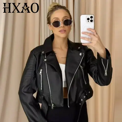 HXAO 2025 Women's Black Leather Jacket Autumn New In Coats & Jackets Zip Up Crop Long Sleeve Outerwear Fashion Motorcycle Jacket