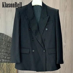 3.21 KlasonBell Wool Blends Striped Office Lady Casual Jacket Women Temperament Shoulder Pads Classic Double Breasted Blazer