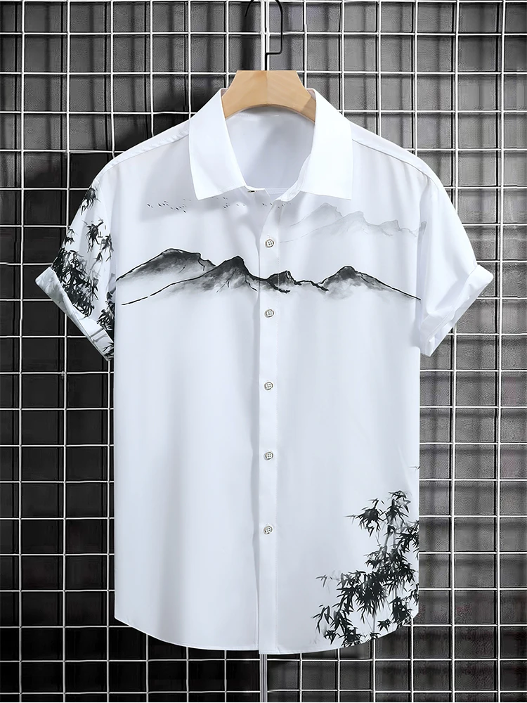 Men\'s summer short sleeved casual button up shirt, lapel shirt, white shirt