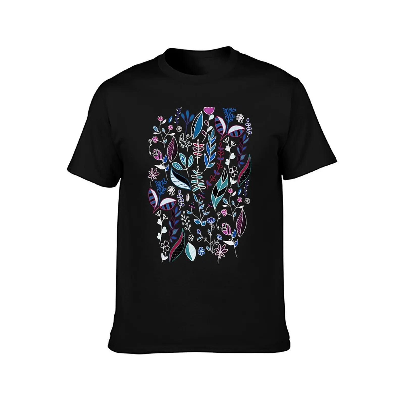 Vibrant Midnight Nature Doodle T-Shirt Plus Size Solid Color T-Shirt