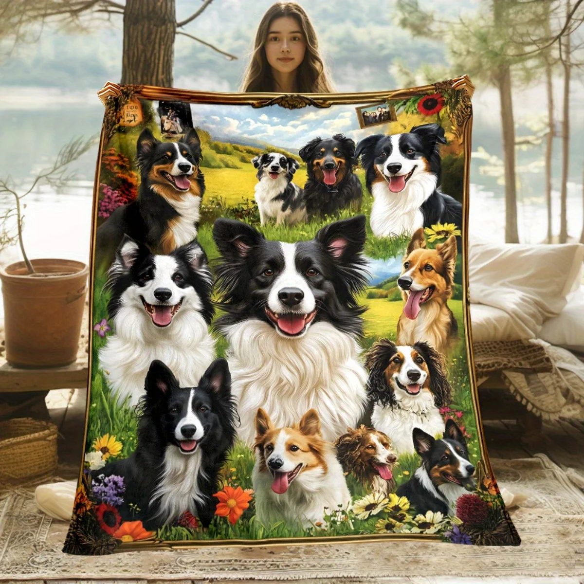 1. Koc polarowy z motywem Border Collie i naturalnego krajobrazu – lekki i miękki, uniwersalny na każdą porę roku, z cyfrowym nadrukiem, idealny na kemping, do użytku na sofie, w podróży, w biurze.